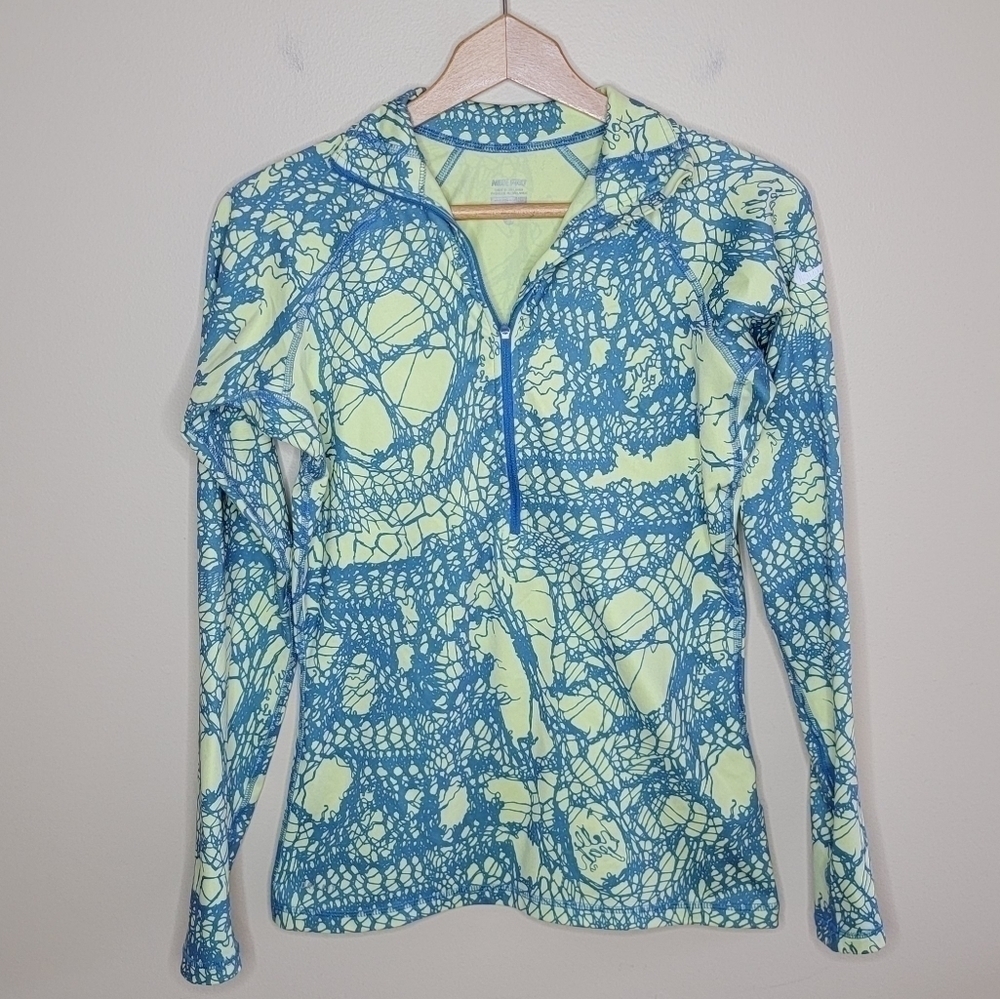 Nike Pro Pastel Yellow & Blue Abstract Print Half Zip Pullover Top Size Medium